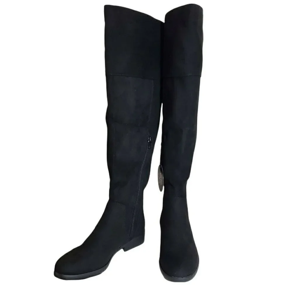Style & Co Women Lessah Black Closed Toe Zip Over The Knee Flat Boots Size 7 7.5